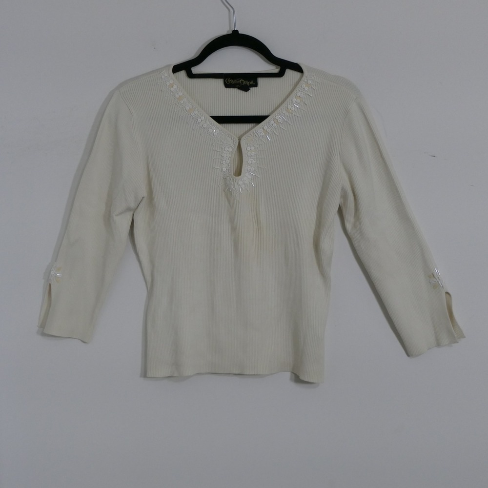 Christine Phillipe Women Top XL Ivory Beaded Silk Blend Ribbed Knit Elegant Chic